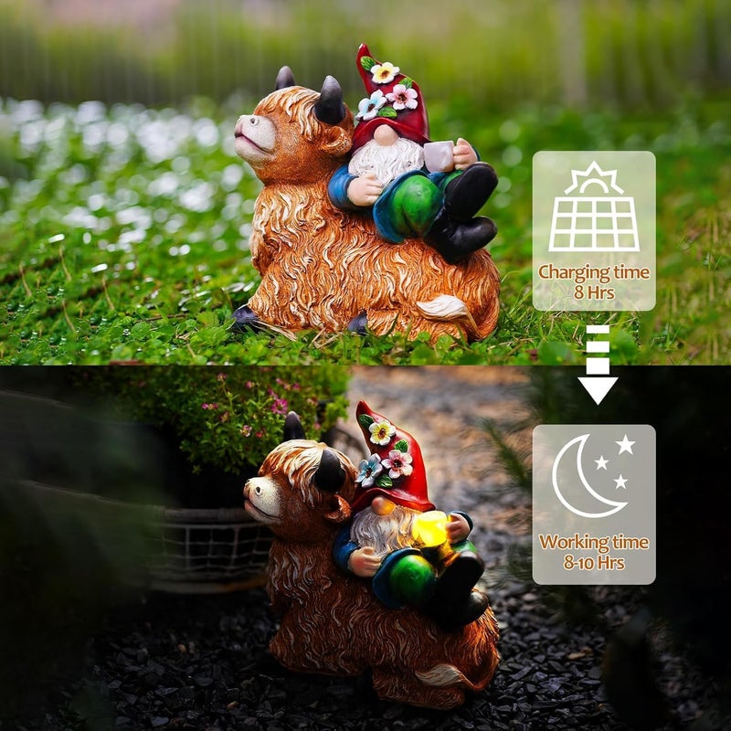 Pohabery Garden Gnomes Decor Outdoor Statues Gnome on Highland Cow Hold Solar Cup Light Outdoor Decorations for Patio,Yard and Gift for Mom - Image 4